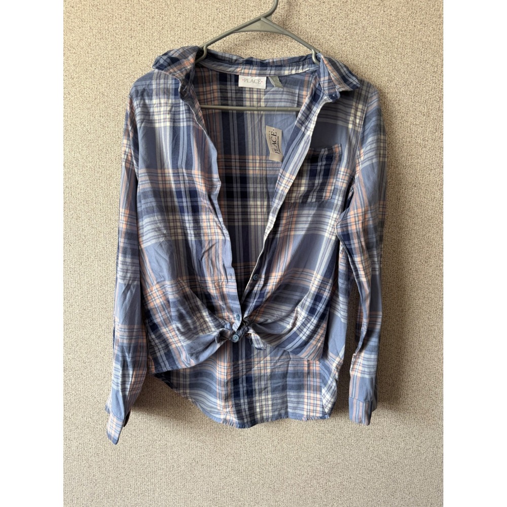 The‎ Childrens Place Girls Plaid Tie Front Button Down Shirt Cloudy Blue Size 18